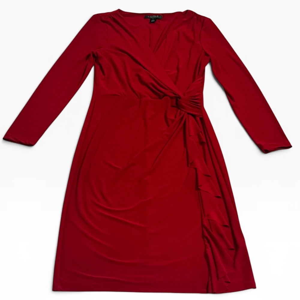 Lauren Ralph Lauren Red Ruched Ruffle Sheath Dress Long Sleeve Size 10 Stretch - Picture 9 of 11